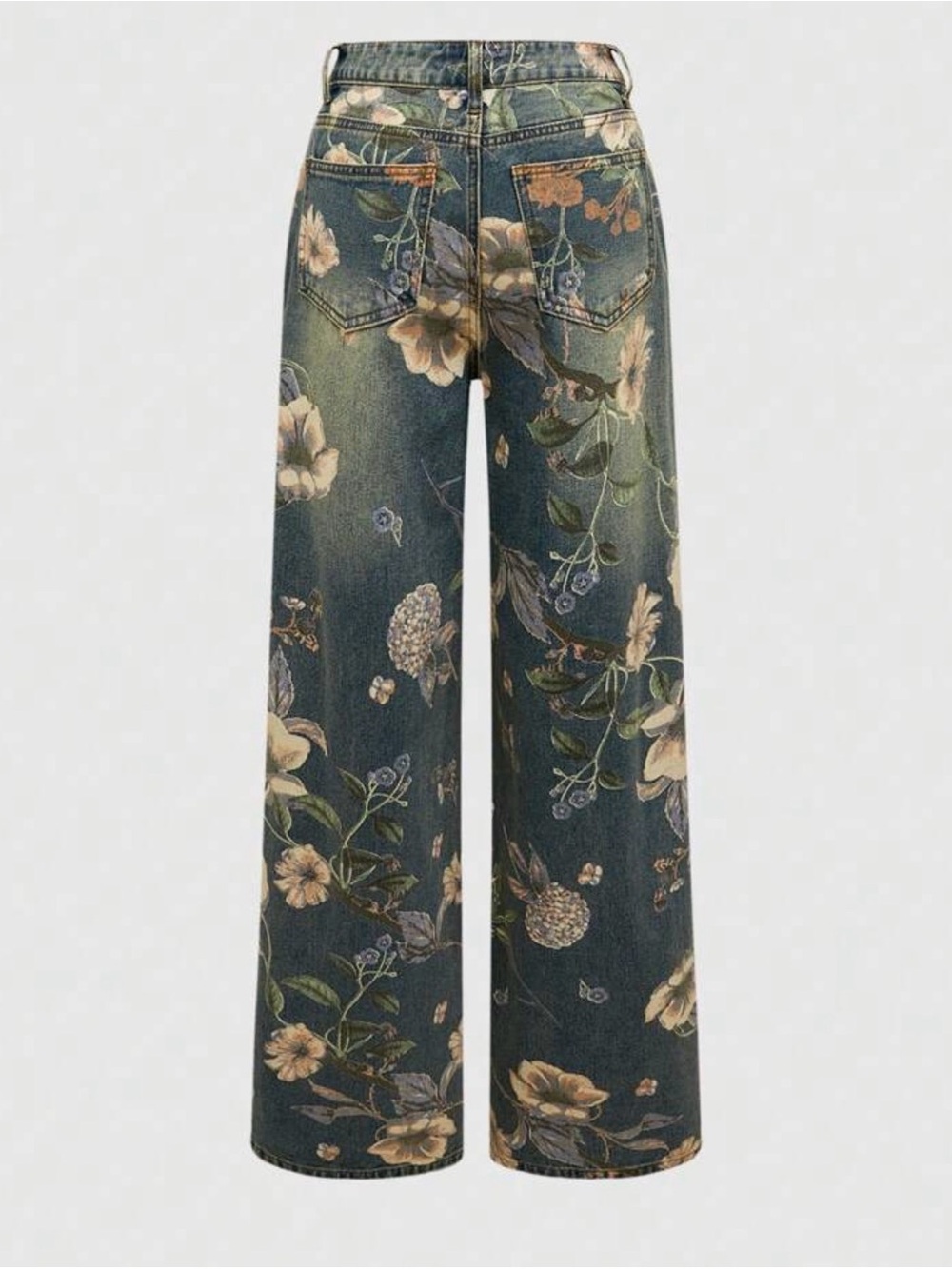 Floral Wide Leg Denim Jeans - Green Floral Print - Picture 4 of 4